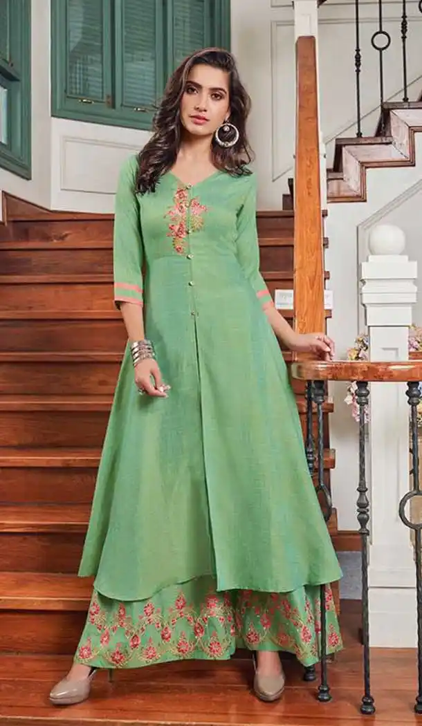 Green Color Cotton Slub Designer Readymade Kurti With Palazzo -EV537071157