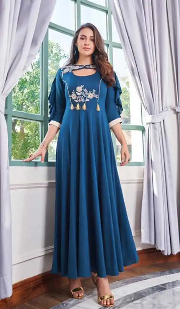 Scintillating Firozi Color Rayon Designer Party Wear Long Kurti -EV537271166