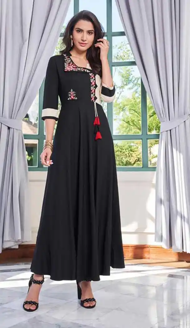 Enigmatic Black Color Rayon Designer Party Wear Long Kurti -EV537271167