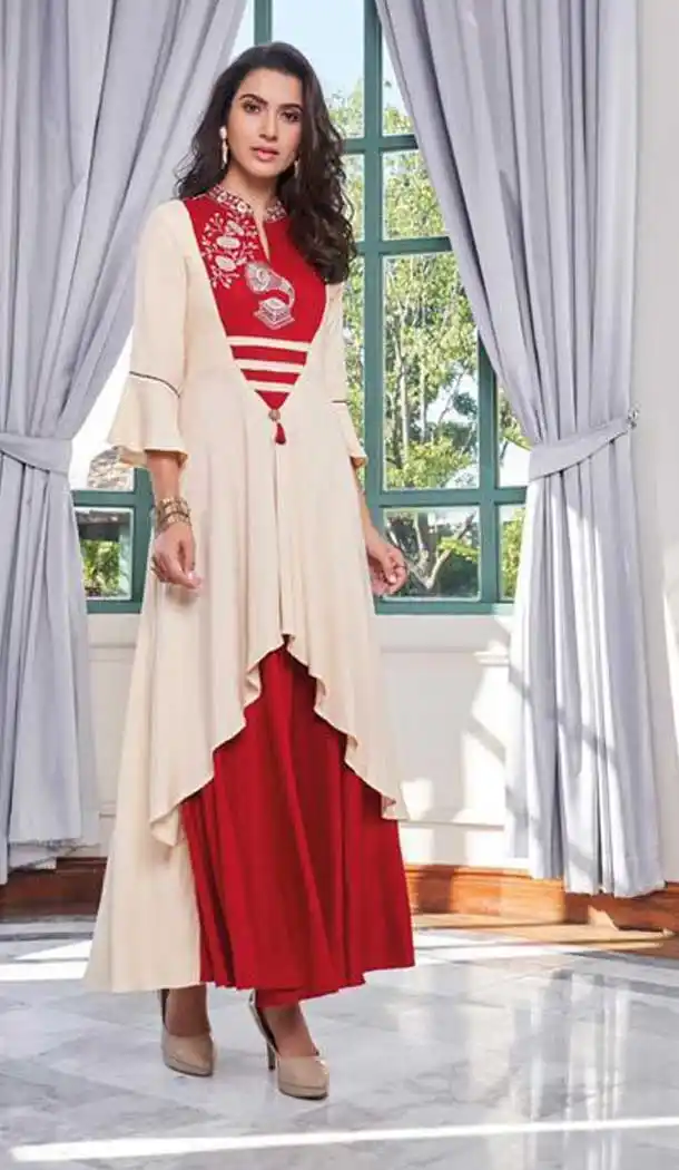 Off White Red Color Rayon Designer Party Wear Long Kurti -EV537271168