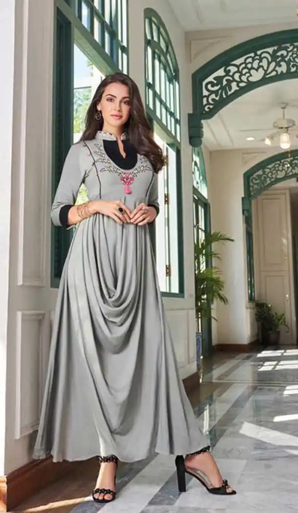 Classy Grey Color Rayon Designer Party Wear Long Kurti -EV537271170