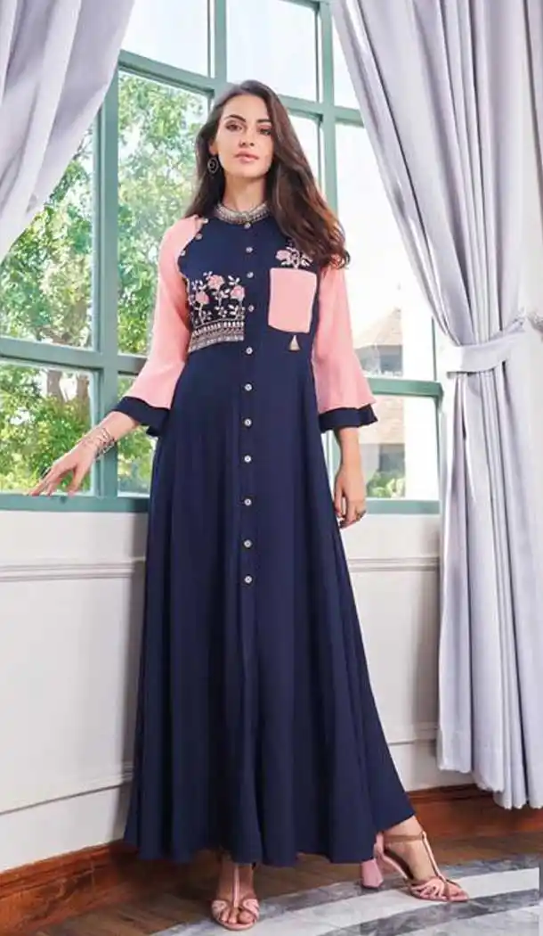 Attractive Navy Blue Color Rayon Designer Party Wear Long Kurti -EV537271171