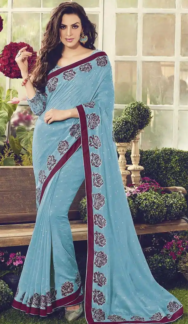 Sky Blue Color Chanderi Cotton Party Wear Saree Blouse -EV543771631