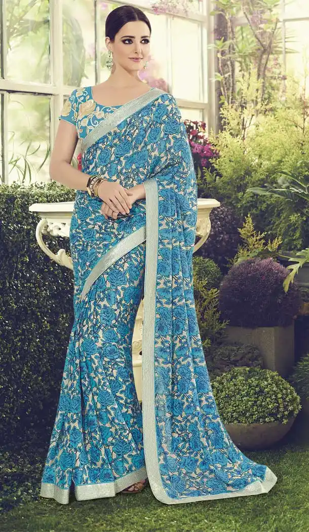 Sky Blue Color Chanderi Cotton Party Wear Saree Blouse -EV543771635