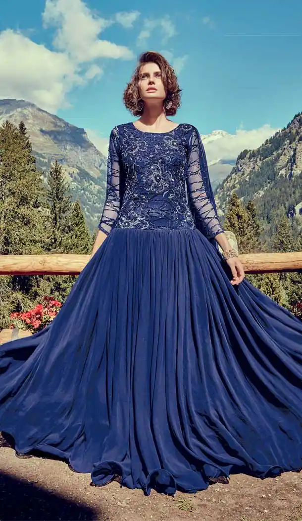Navy Blue Color Net Georgette Designer Party Gown Dresses -EV544171658