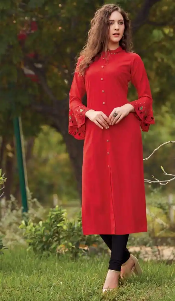 Exquisite Red Color Rayon Casual Party Wear Readymade Kurti -EV544771694