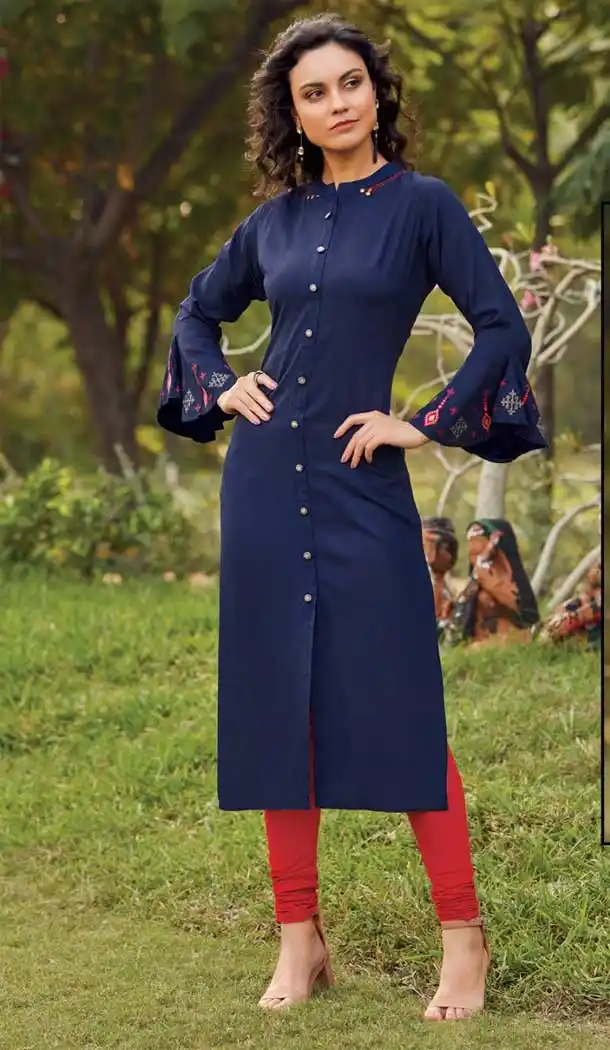 Captivating Navy Blue Color Rayon Casual Party Wear Readymade Kurti -EV544771695