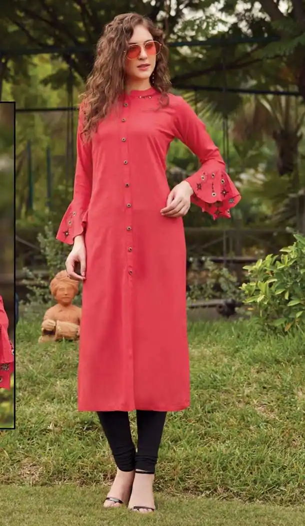 Ethnic Peach Color Rayon Casual Party Wear Readymade Kurti -EV544771699