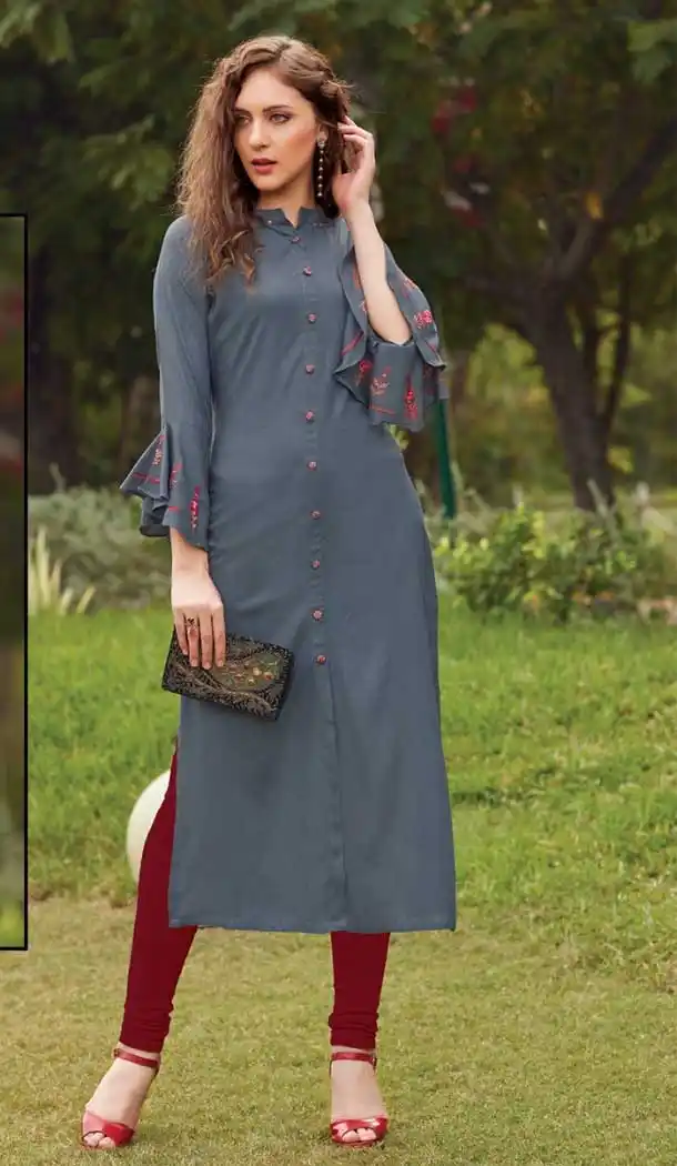Charming Grey Color Rayon Casual Party Wear Readymade Kurti -EV544771700