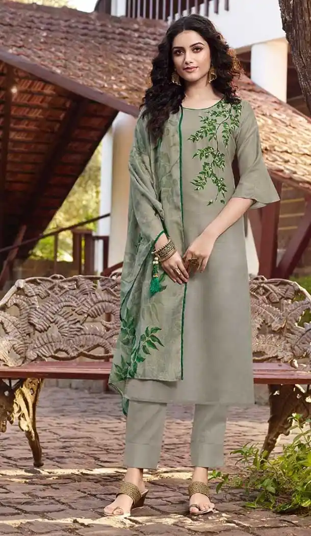 Beige Green Color Soft Silk Casual Wear Readymade Salwar Kameez -EV544971715