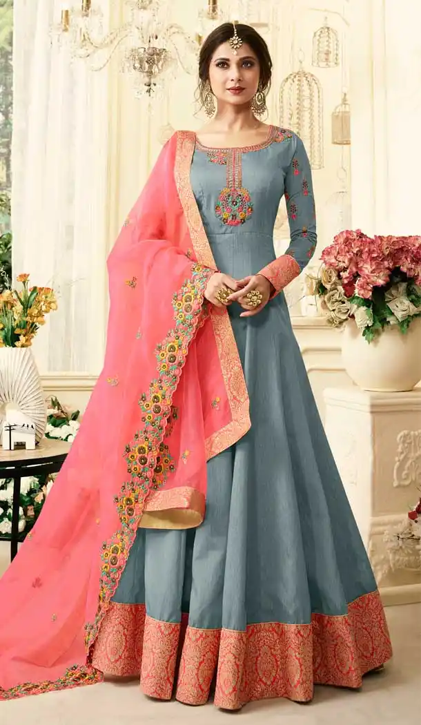 Bollywood Celebrity Prachi Desai Light Grey Color Silk Salwar Kameez -EV545471756
