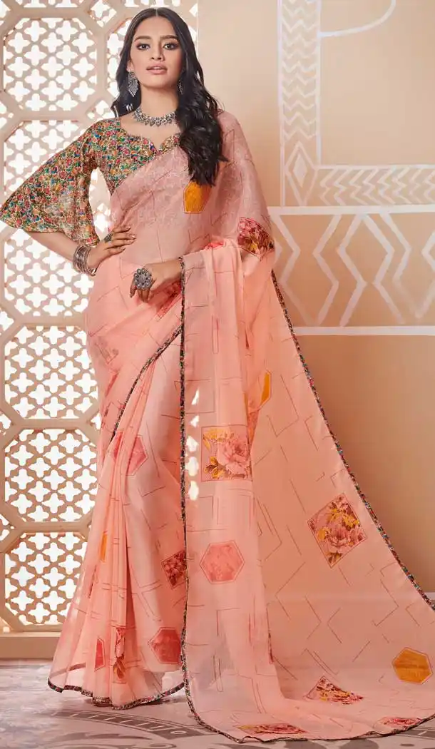 Peach Color Chiffon Ruffle Style Digital Printed Saree -730690461