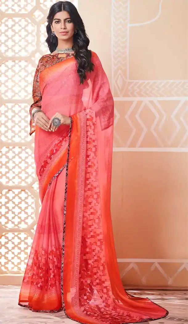 Light Pink Color Chiffon Ruffle Style Digital Printed Saree -730690463