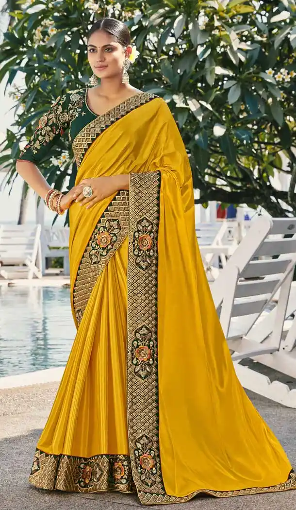 Yellow Color Silk Satin Georgette Party Wear Saree Blouse -730790467