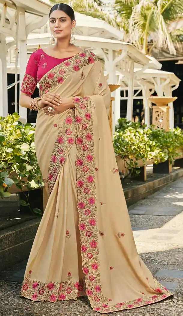 Beige Color Silk Satin Georgette Party Wear Saree Blouse -730790471