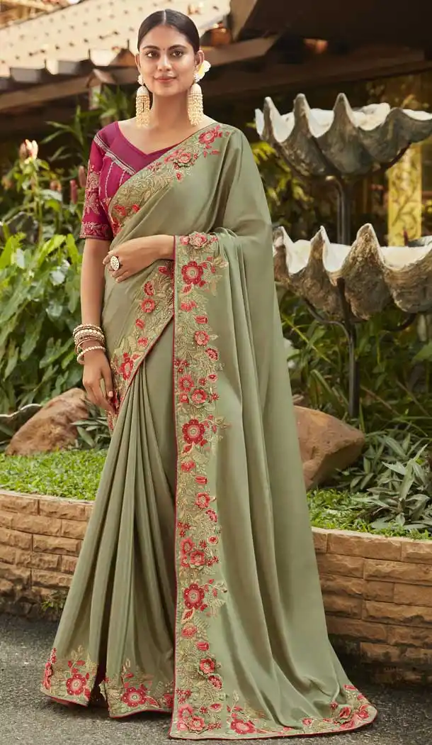 Pista Color Silk Satin Georgette Party Wear Saree Blouse -730790473