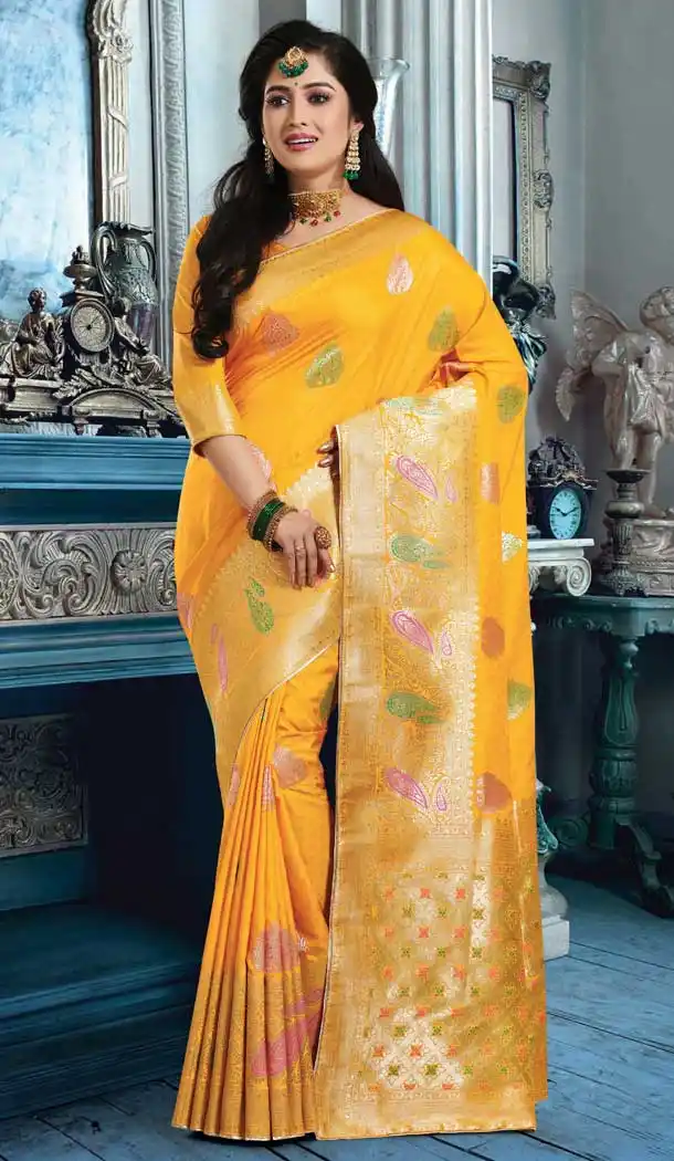 Yellow Color Banarasi Pure Silk Traditional Wer Saree Blouse -738191351