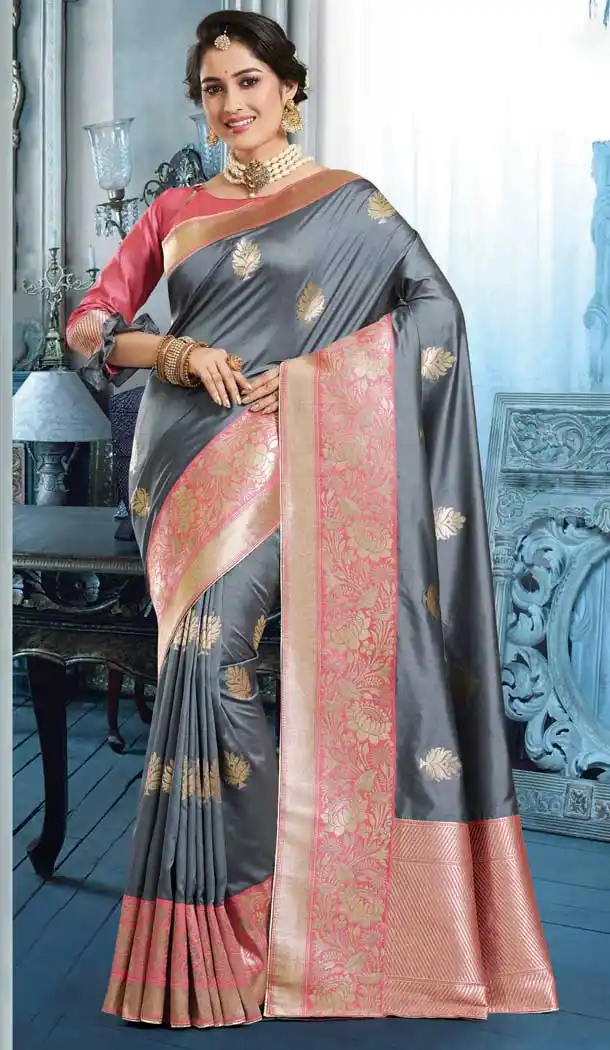 Grey Color Banarasi Pure Silk Traditional Wer Saree Blouse -738191357
