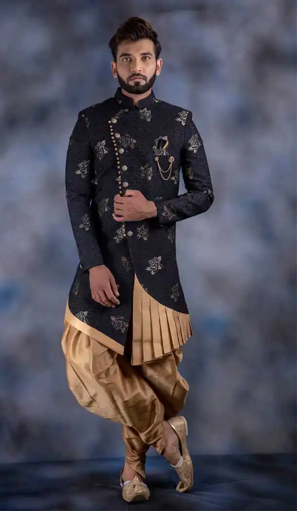 Black Color Jacquard Indo Western For Men In Plus Size -732790725