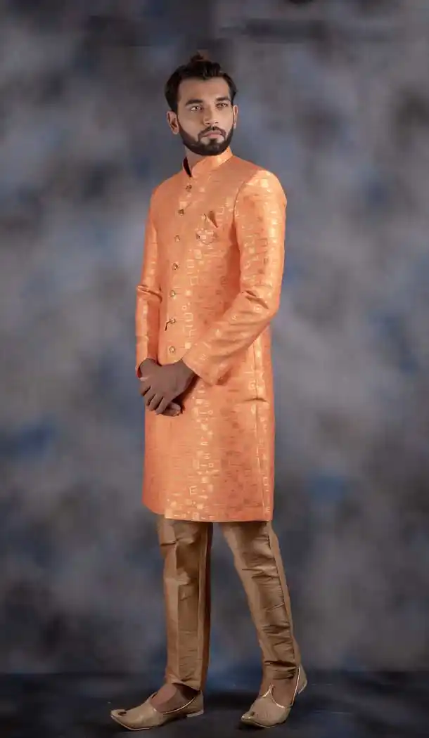 Orange Color Jacquard Indo Western For Men In Plus Size -732790738