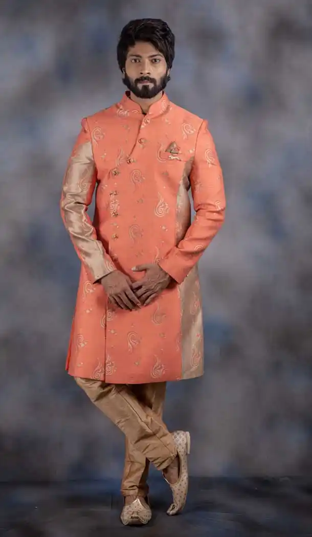 Beautiful Peach Color Jacquard Indo Western For Men In Plus Size -732790739