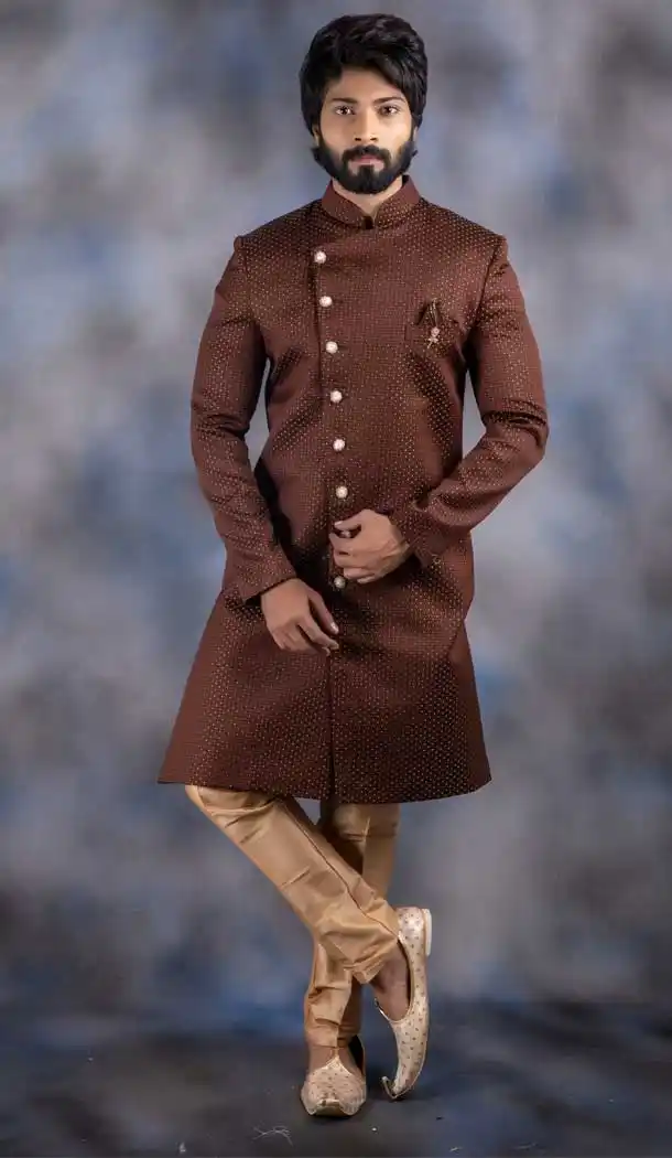 Exotic Brown Color Jacquard Indo Western For Men In Plus Size -732790740