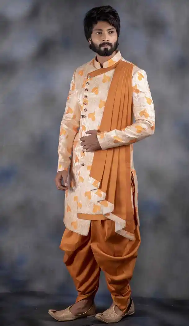 Fancy Cream Color Jacquard Indo Western For Men In Plus Size -732790741