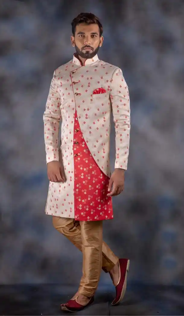 Off White Red Color Jacquard Indo Western For Men In Plus Size -732790742