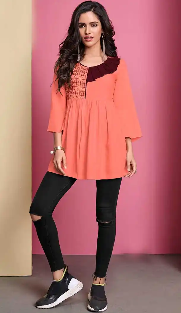 Ethnic Peach Color 14KG Heavy Rayon Readymade Short Kurti -722389524