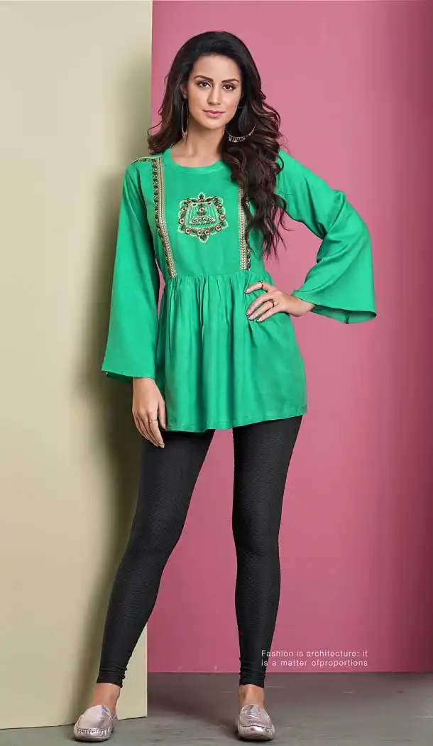 Alluring Green Color 14KG Heavy Rayon Readymade Short Kurti -722389525