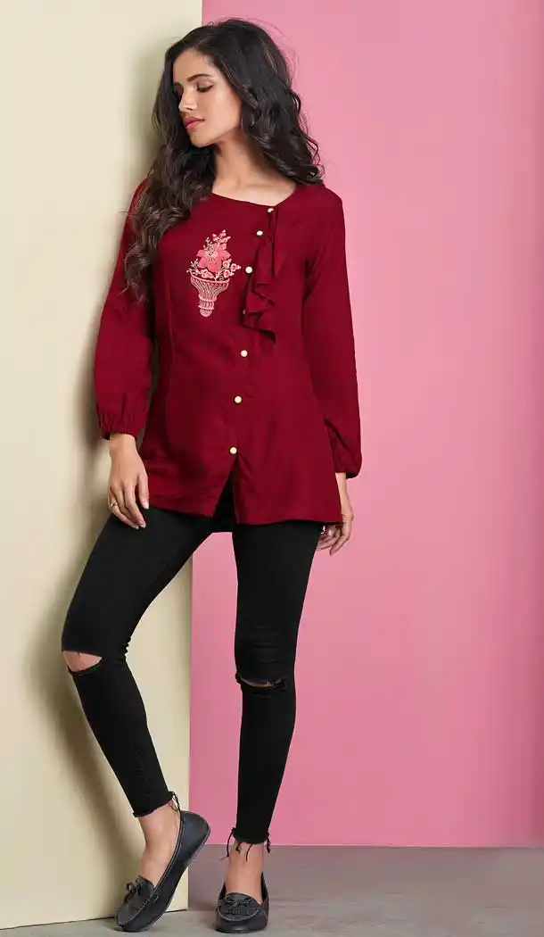 Classy Maroon Color 14KG Heavy Rayon Readymade Short Kurti -722389526