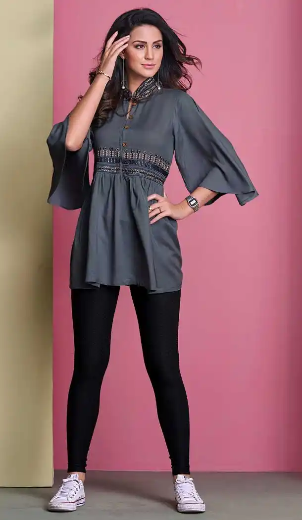 Magnificient Grey Color 14KG Heavy Rayon Readymade Short Kurti -722389529