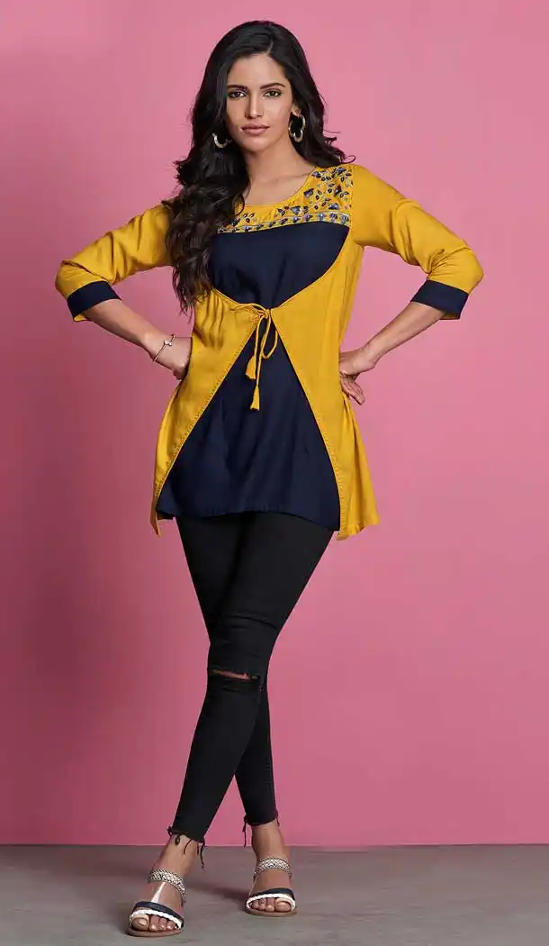 Blue Yellow Color 14KG Heavy Rayon Readymade Short Kurti -722389531