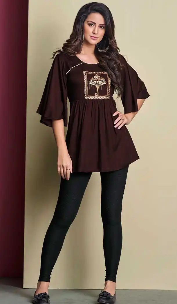 Marvelous Brown Color 14KG Heavy Rayon Readymade Short Kurti -722389532