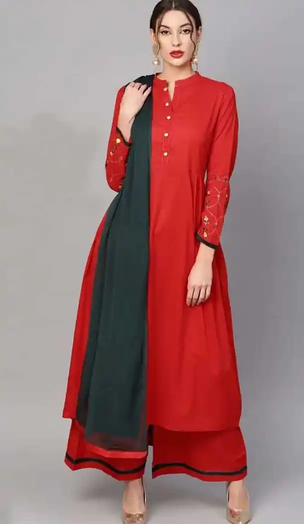 Red Color Cotton Readymade Party Wear Kurti With Palazzo -724889795