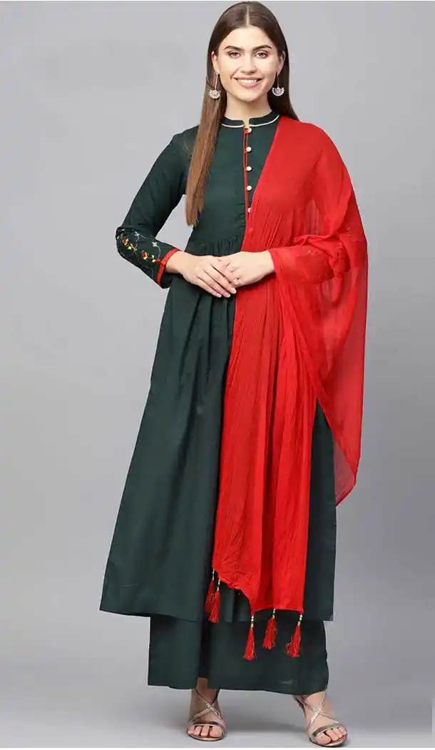 Dark Green Color Cotton Readymade Party Wear Kurti With Palazzo -724889796