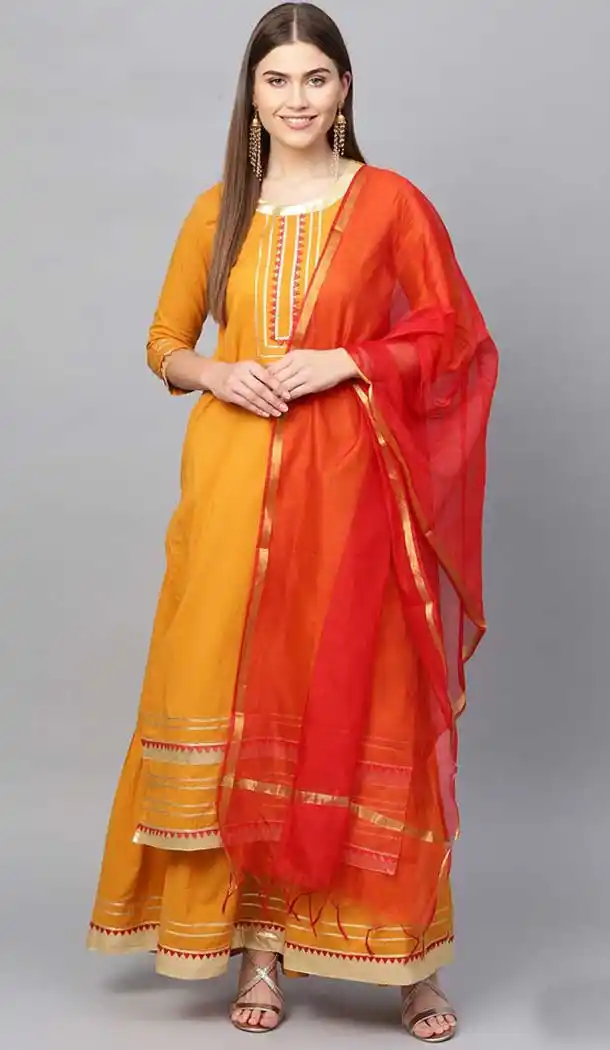 Luscious Orange Color Cotton Readymade Party Wear Kurti With Palazzo -724889798