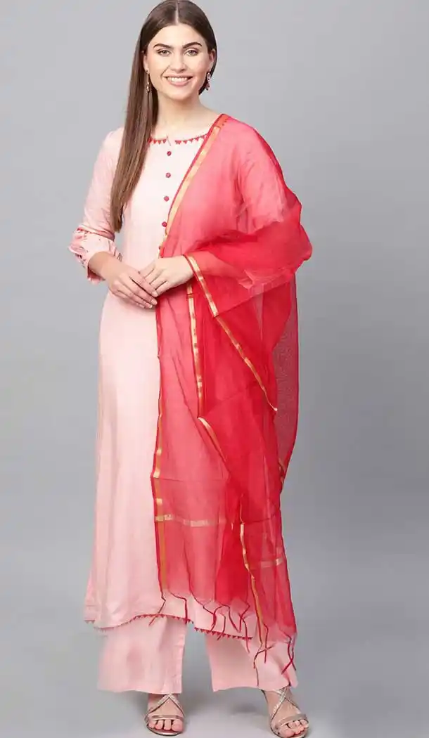Baby Pink Color Cotton Readymade Party Wear Kurti With Palazzo -724889800