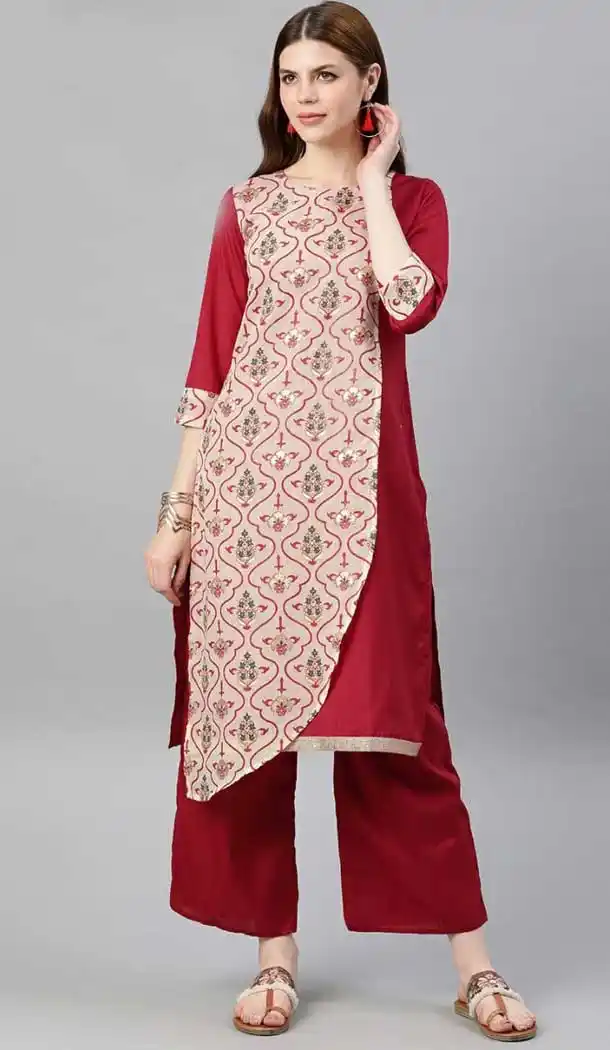 Red Color Poly Silk Readymade Casual Wear Kurti -729290277