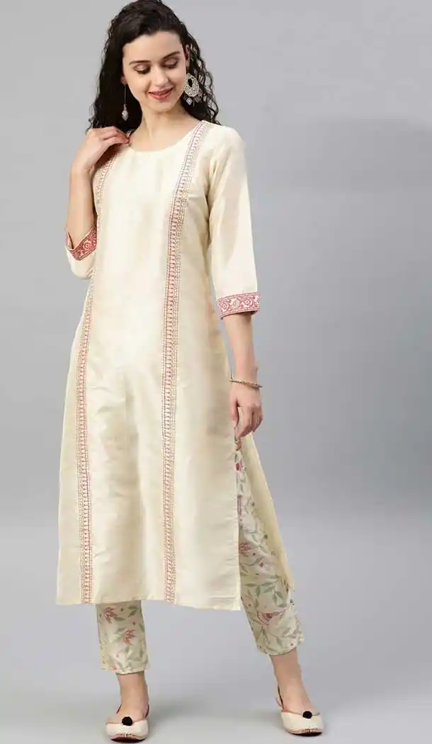 Magnificient Cream Color Poly Silk Readymade Casual Wear Kurti -729290278