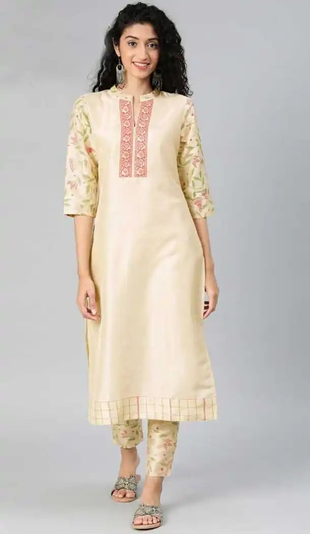 Scintillating Cream Color Poly Silk Readymade Casual Wear Kurti -729290279