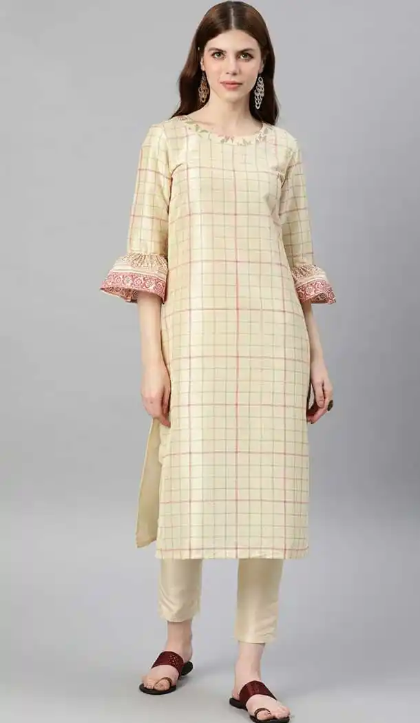 Vivacious Cream Color Poly Silk Readymade Casual Wear Kurti -729290282