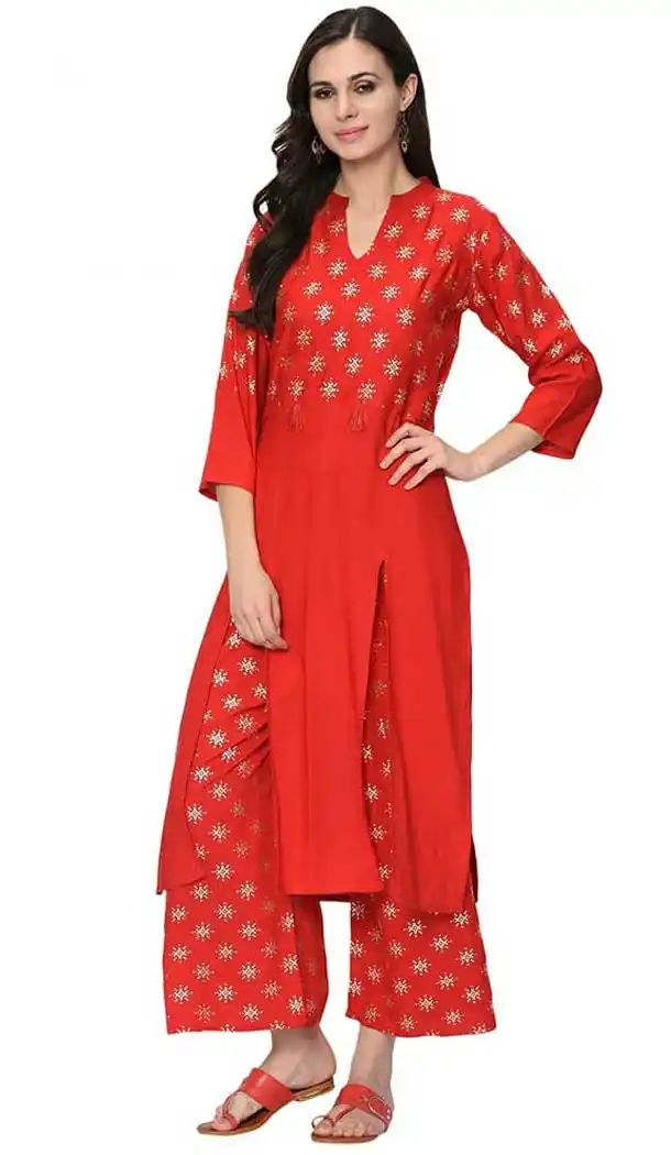Attractive Red Color Rayon Readymade Casual Wear Kurti -729290284
