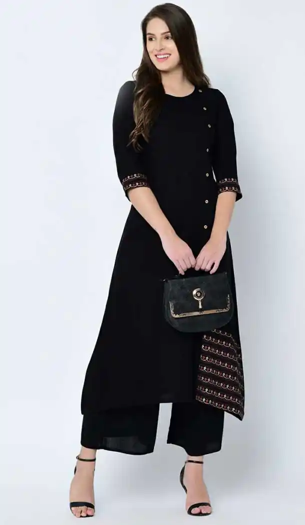 Ethnic Black Color Rayon Readymade Casual Wear Kurti -729290290