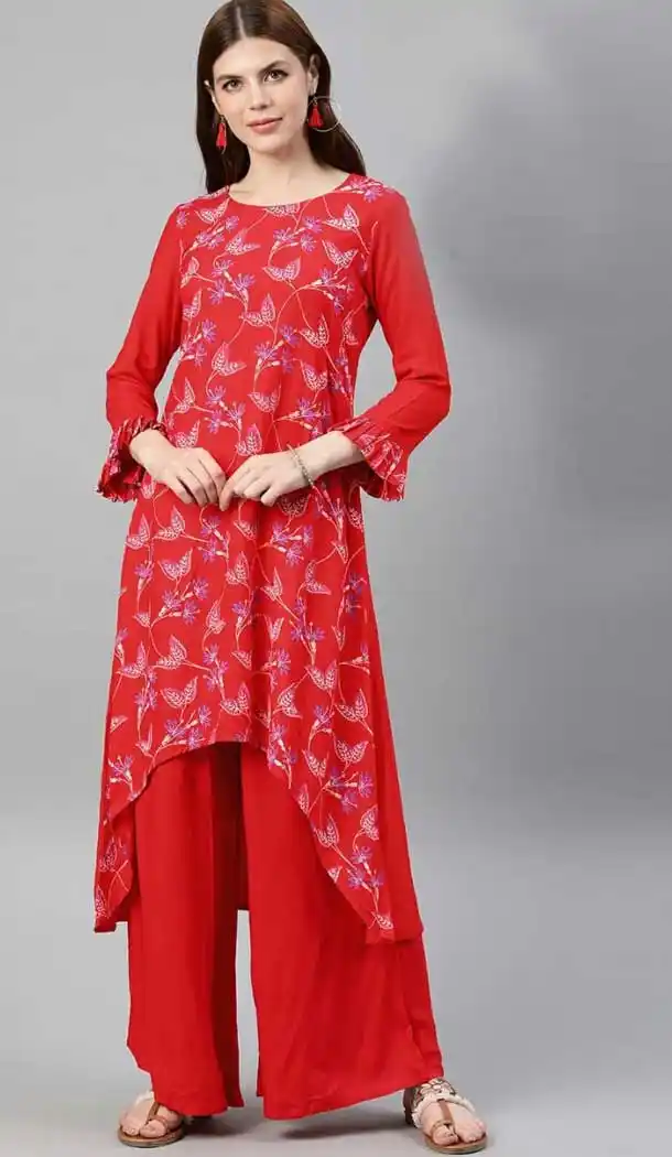 Charming Red Color Rayon Readymade Casual Wear Kurti -729290291