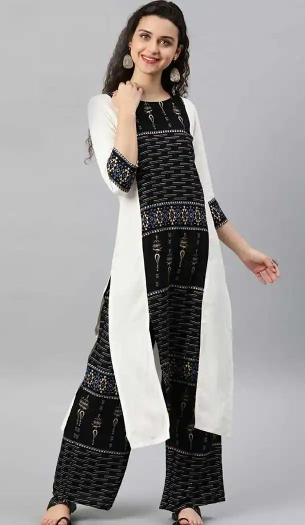 Black White Color Rayon Readymade Long Casual Wear Kurti -729390293
