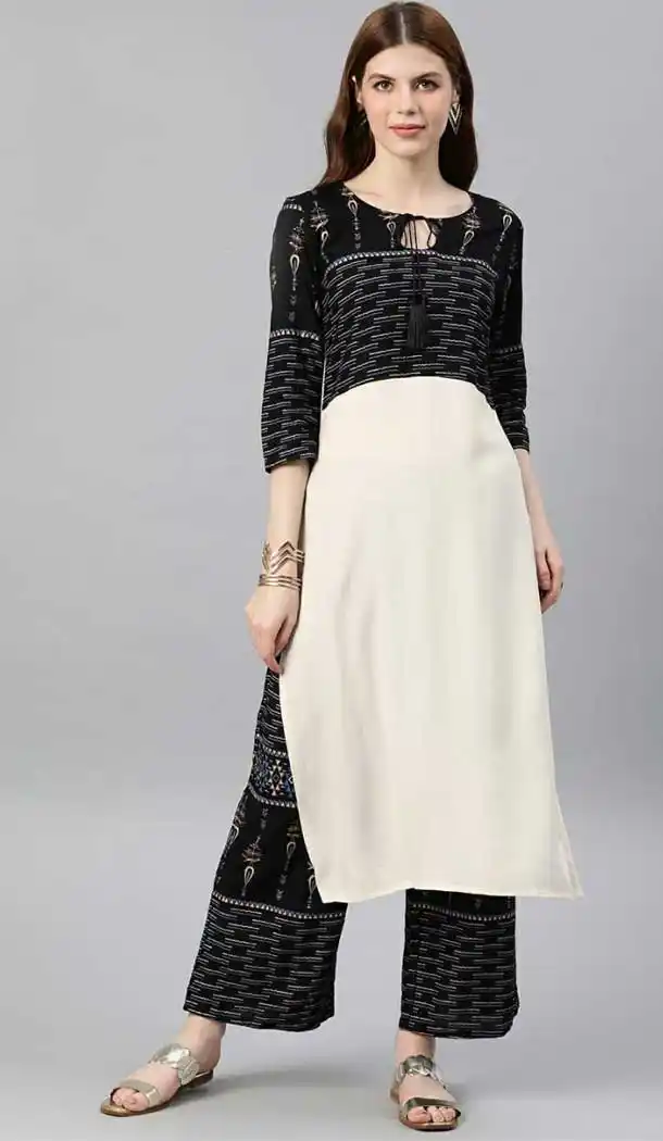 Fancy Black White Color Rayon Readymade Long Casual Wear Kurti -729390294