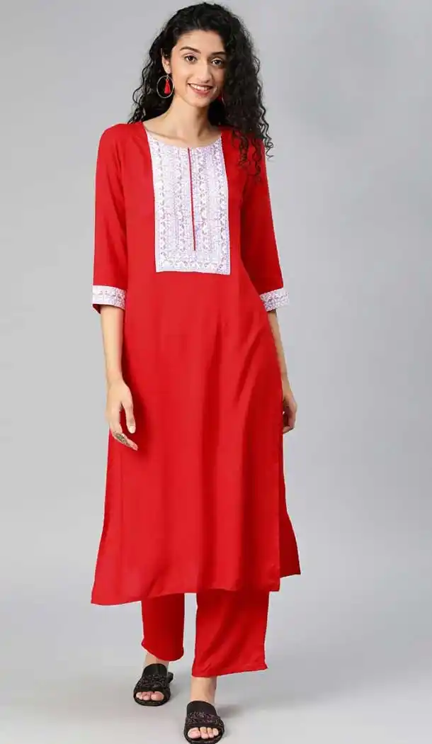 Ethnic Red Color Rayon Readymade Long Casual Wear Kurti -729390295