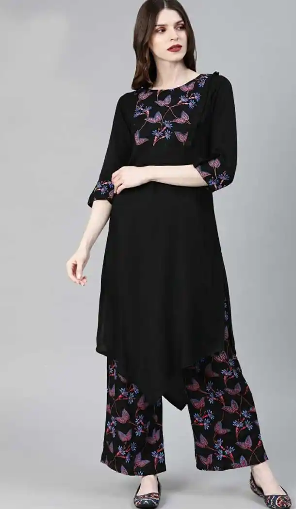 Classy Black Color Rayon Readymade Long Casual Wear Kurti -729390297