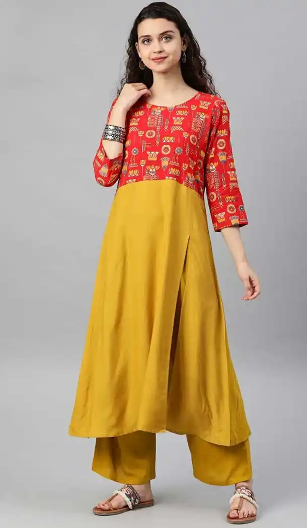 Red Musterd Color Rayon Readymade Long Casual Wear Kurti -729390298